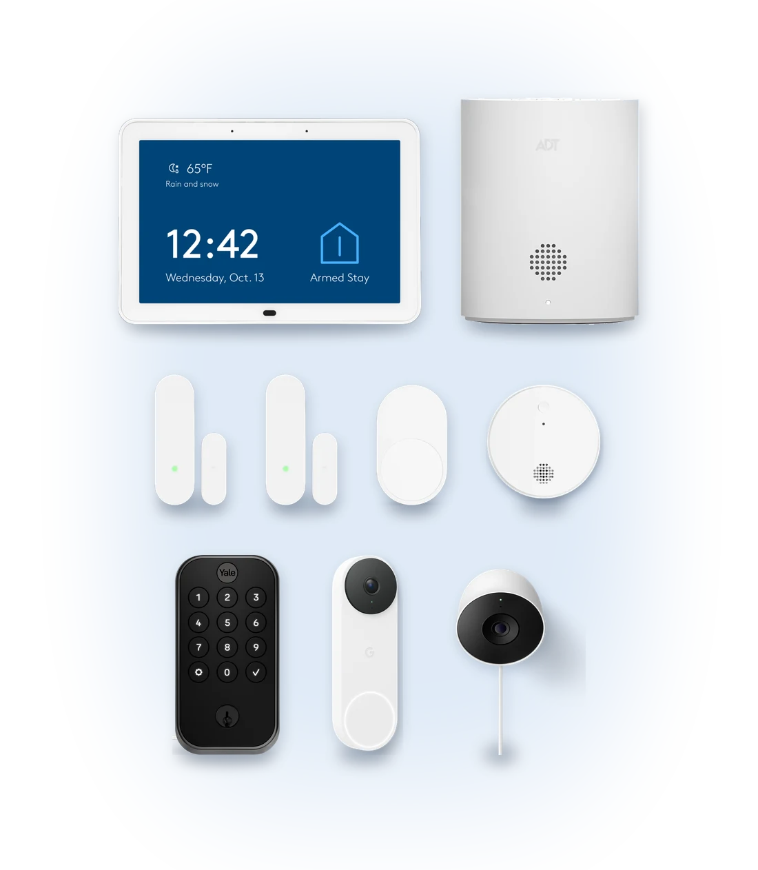 ADT+ Touchscreen and ADT+ Base above door and window sensors, a motion sensor, a smoke and CO detector, a Yale smart lock, a Google Nest Doorbell and a Google Nest Cam outdoor camera
